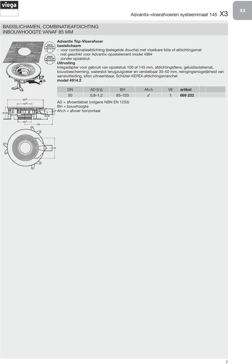 gebruik van opzetstuk 100 of 145 mm, afdichtingsflens, geluidisolatiemat, bouwbescherming, waterslot terugzuigzeker en verstelbaar 35 50 mm, reinigingsmogelijkheid van