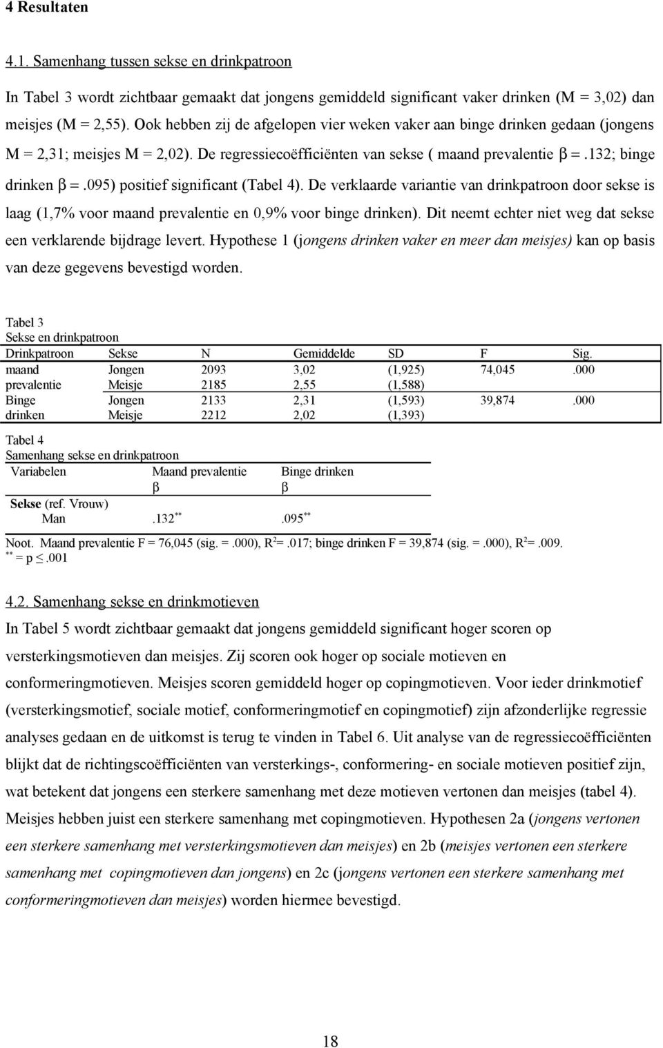 095) positief significant (Tabel 4). De verklaarde variantie van drinkpatroon door sekse is laag (1,7% voor maand prevalentie en 0,9% voor binge drinken).