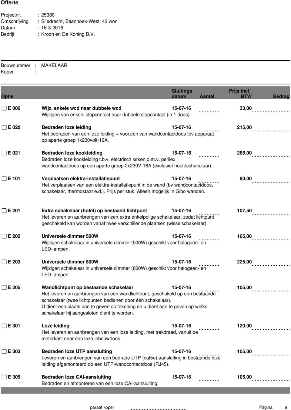 E 021 Bedraden loze kookleiding 15-07-16 285,00 Bedraden loze kookleiding t.b.v. electrisch koken d.m.v. perilex wandcontactdoos op een aparte groep 2x230V-16A (exclusief hoofdschakelaar).