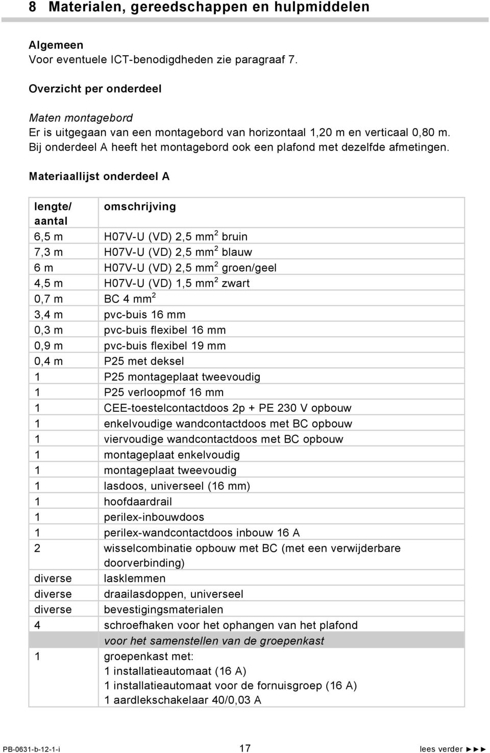 Materiaallijst onderdeel A lengte/ omschrijving aantal 6,5 m H07V-U (VD) 2,5 mm 2 bruin 7,3 m H07V-U (VD) 2,5 mm 2 blauw 6 m H07V-U (VD) 2,5 mm 2 groen/geel 4,5 m H07V-U (VD) 1,5 mm 2 zwart 0,7 m BC