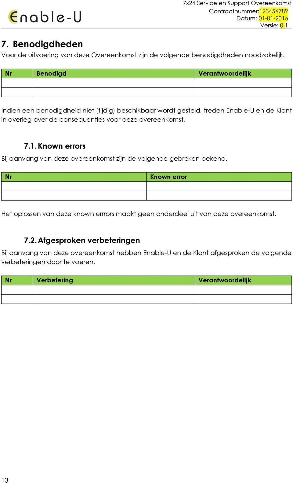 deze overeenkomst. 7.1. Known errors Bij aanvang van deze overeenkomst zijn de volgende gebreken bekend.