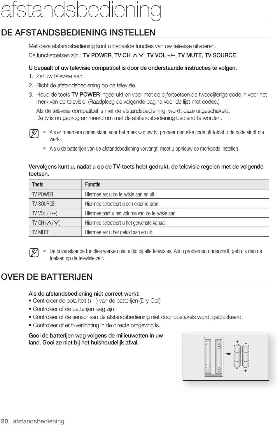 voer met de cijfertoetsen de tweecijferige code in voor het merk van de televisie (Raadpleeg de volgende pagina voor de lijst met codes) als de televisie compatibel is met de afstandsbediening, wordt