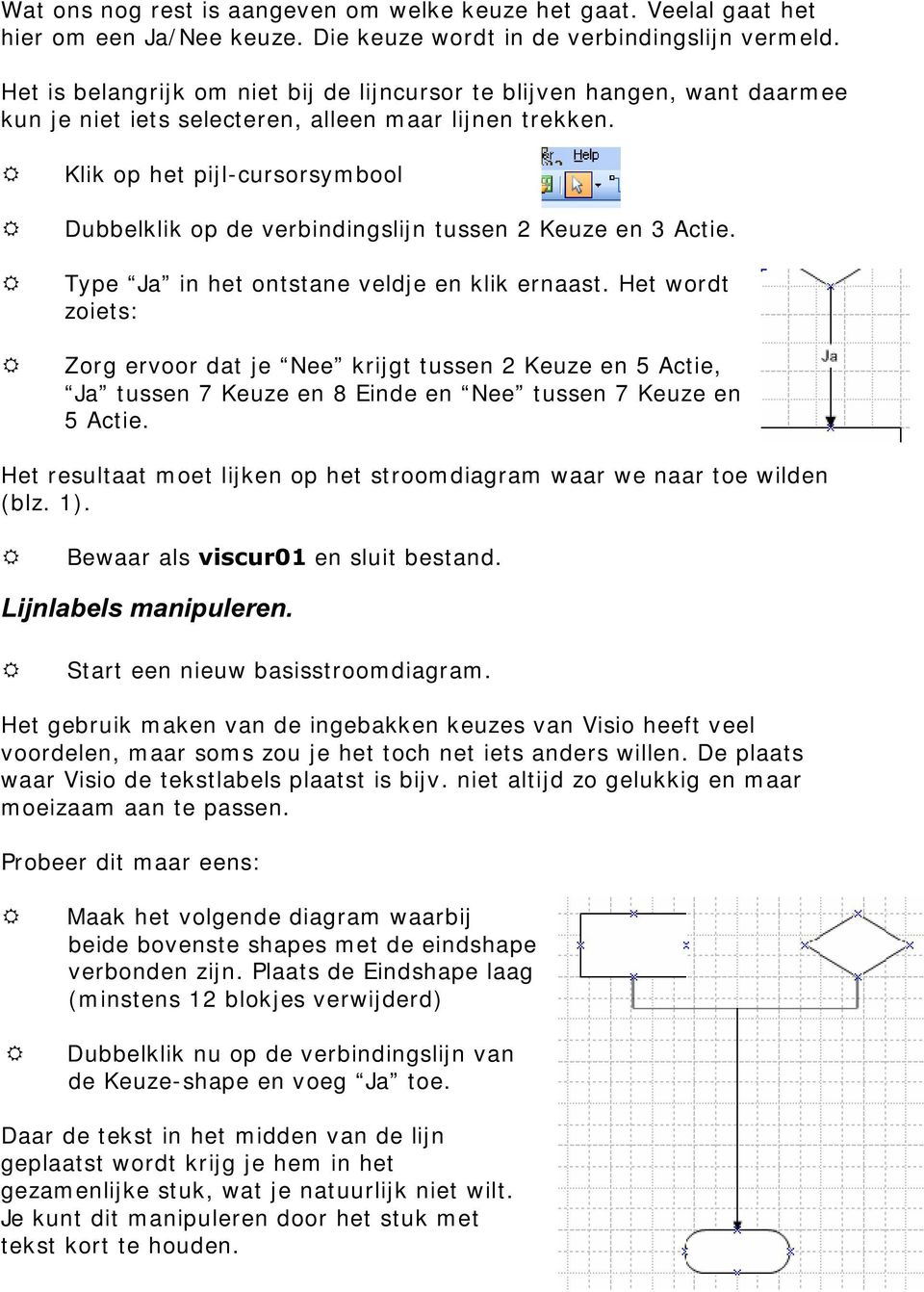 5 Klik op het pijl-cursorsymbool 5 Dubbelklik op de verbindingslijn tussen 2 Keuze en 3 Actie. 5 Type Ja in het ontstane veldje en klik ernaast.