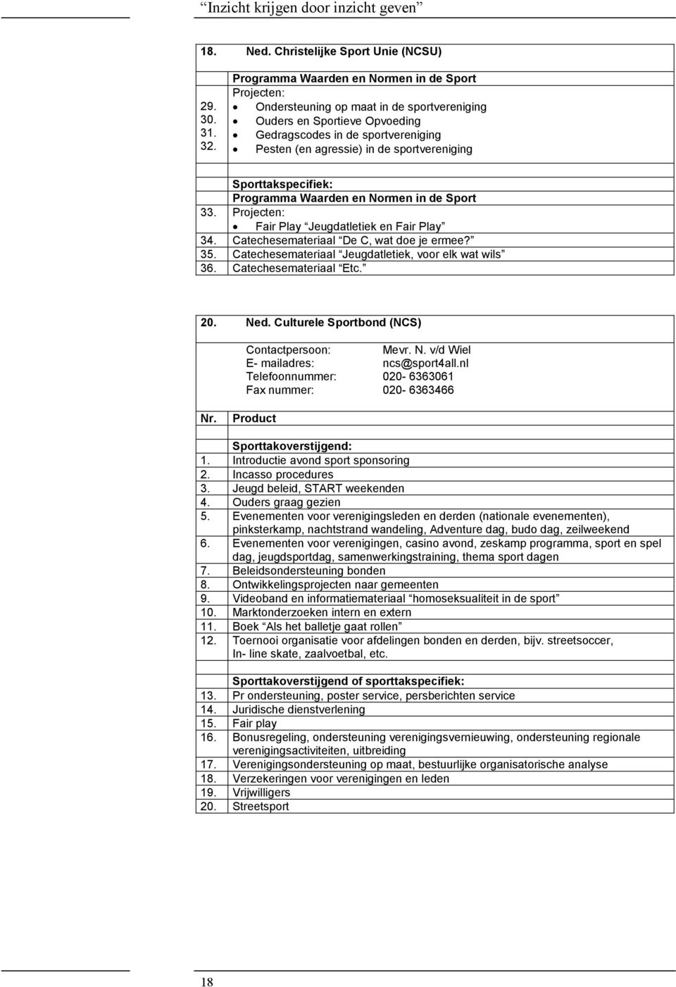 sportvereniging Programma Waarden en Normen in de Sport 33. Projecten: Fair Play Jeugdatletiek en Fair Play 34. Catechesemateriaal De C, wat doe je ermee? 35.