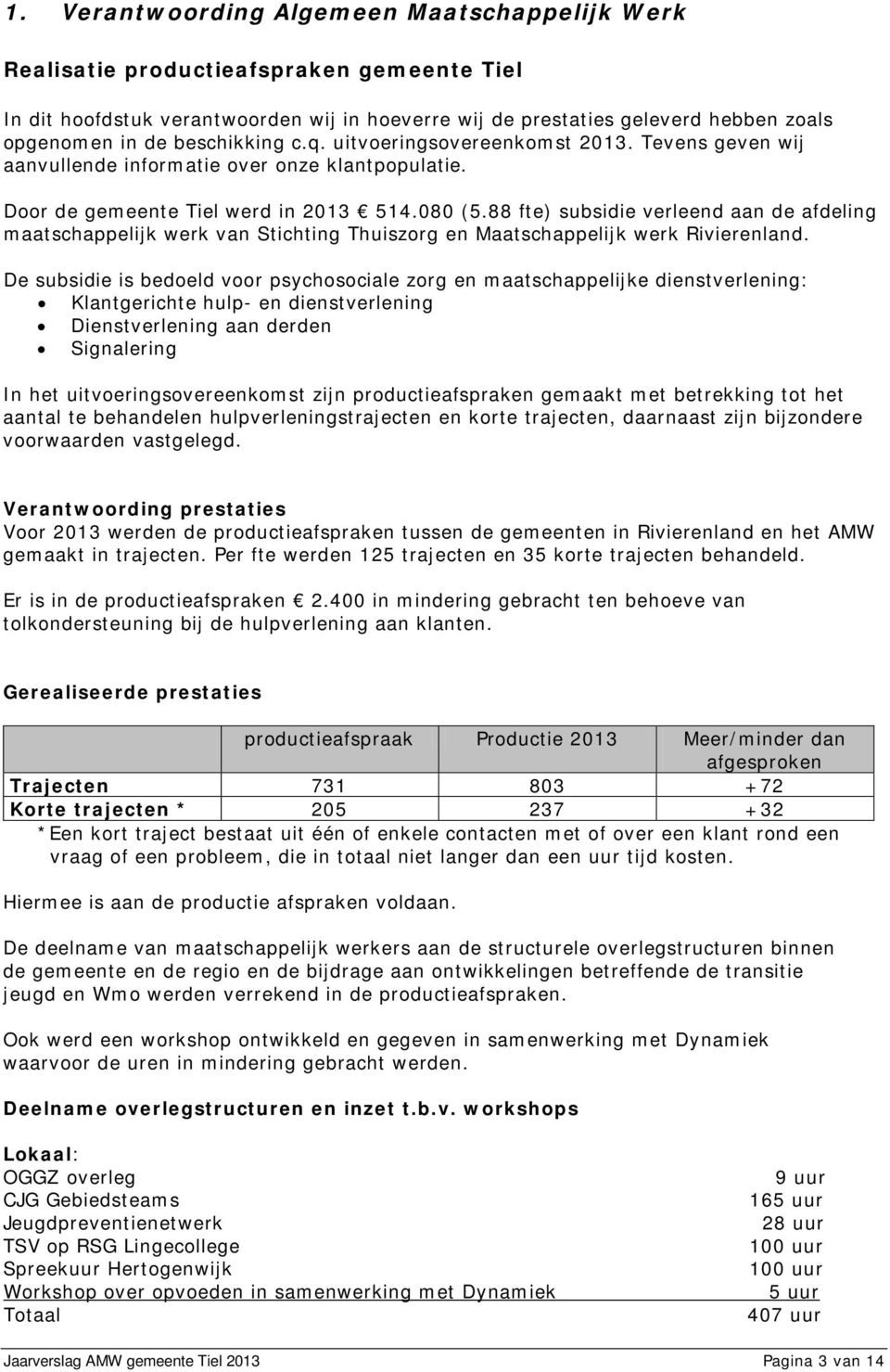 88 fte) subsidie verleend aan de afdeling maatschappelijk werk van Stichting Thuiszorg en Maatschappelijk werk Rivierenland.