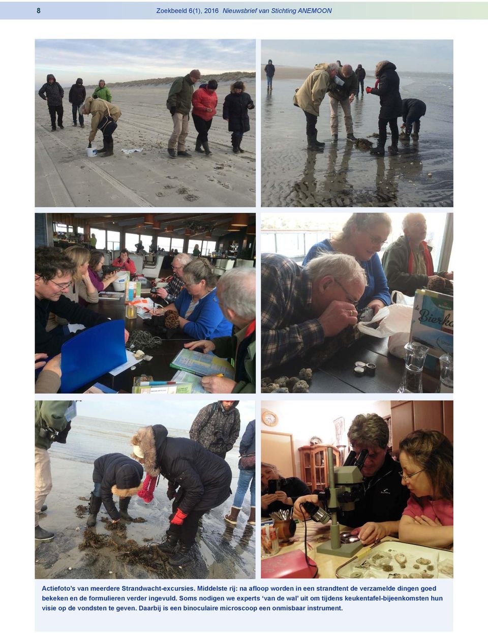 Middelste rij: na afloop worden in een strandtent de verzamelde dingen goed bekeken en de