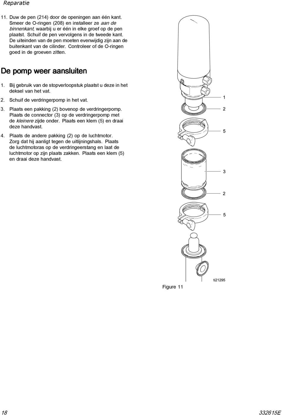 De pomp weer aansluiten 1. Bij gebruik van de stopverloopstuk plaatst u deze in het deksel van het vat. 2. Schuif de verdringerpomp in het vat. 3. Plaats een pakking (2) bovenop de verdringerpomp.