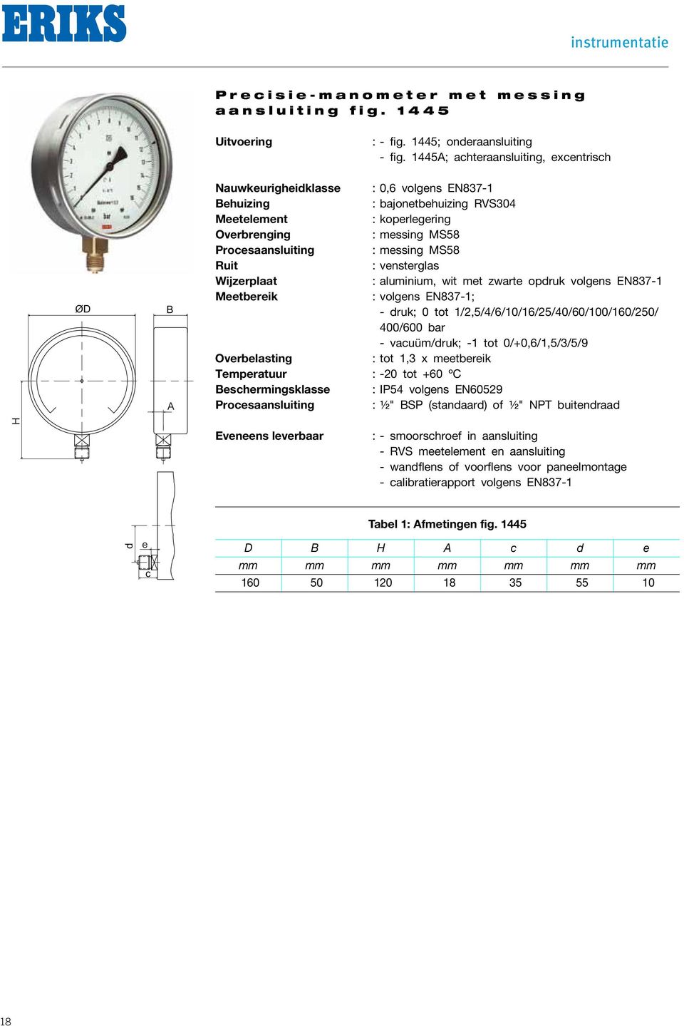 messing MS58 Ruit : vensterglas Wijzerplaat : aluminium, wit met zwarte opdruk volgens EN837-1 Meetbereik : volgens EN837-1; - druk; 0 tot 1/2,5/4/6/10/16/25/40/60/100/160/250/ 400/600 bar -