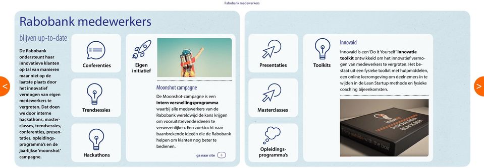 Innovaid Conferenties Eigen initiatief Presentaties Moonshot campagne Trendsessies Hackathons De Moonshot-campagne is een intern versnellingsprogramma waarbij alle medewerkers van de Rabobank