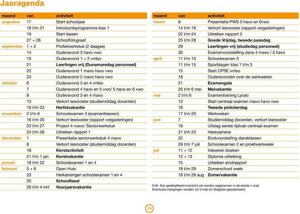 5 havo en 6 vwo 8 Ouderavond 3 en 4 mavo 13 Verkort lesrooster (studiemiddag docenten) 19 t/m 23 Herfstvakantie november 2 t/m 6 Schoolexamen 3 (examenklassen) 16 t/m 20 Verkort lesrooster (rapport