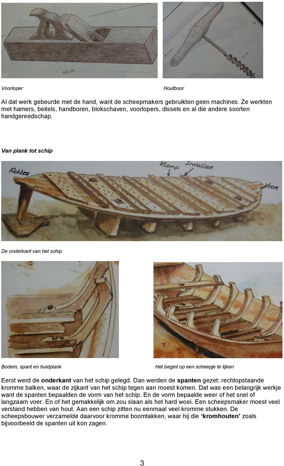 Van plank tot schip De onderkant van het schip Bodem, spant en huidplank Het begint op een scheepje te lijken Eerst werd de onderkant van het schip gelegd.