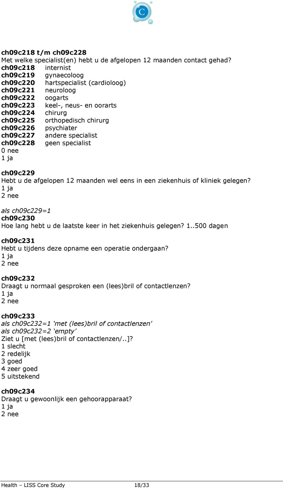 ch09c226 psychiater ch09c227 andere specialist ch09c228 geen specialist 0 nee ch09c229 Hebt u de afgelopen 12 maanden wel eens in een ziekenhuis of kliniek gelegen?