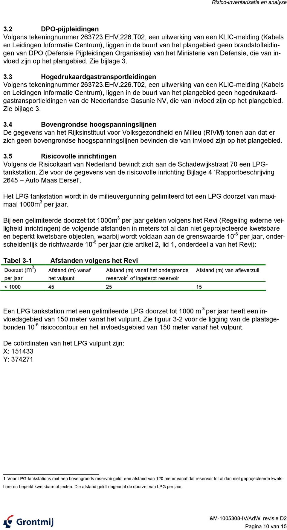 Ministerie van Defensie, die van invloed zijn op het plangebied. Zie bijlage 3. 3.3 Hogedrukaardgastransportleidingen Volgens tekeningnummer 263723.EHV.226.