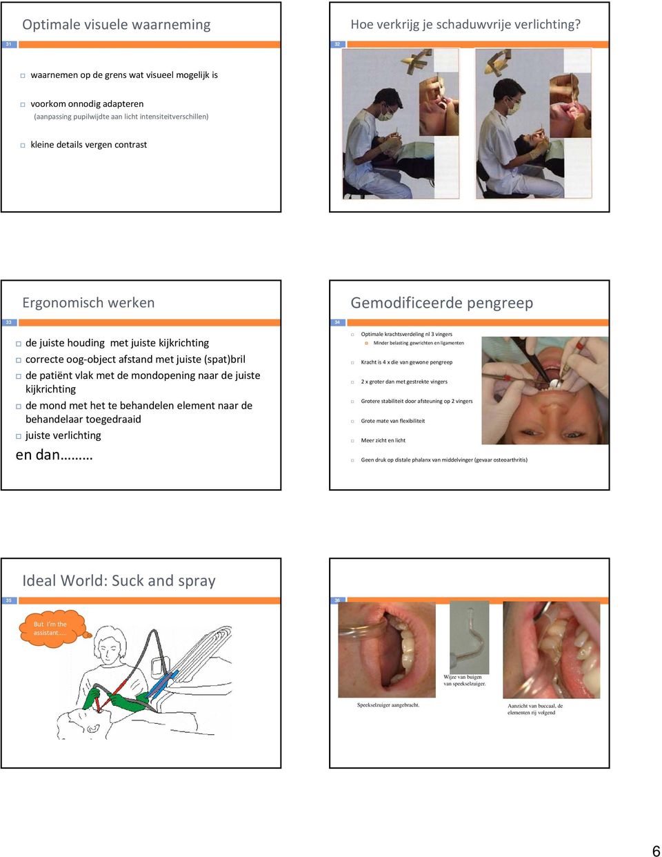 Gemodificeerde pengreep 33 34 de juiste houding met juiste kijkrichting correcte oog object afstand met juiste (spat)bril de patiënt vlak met de mondopening naar de juiste kk kijkrichting de mond met