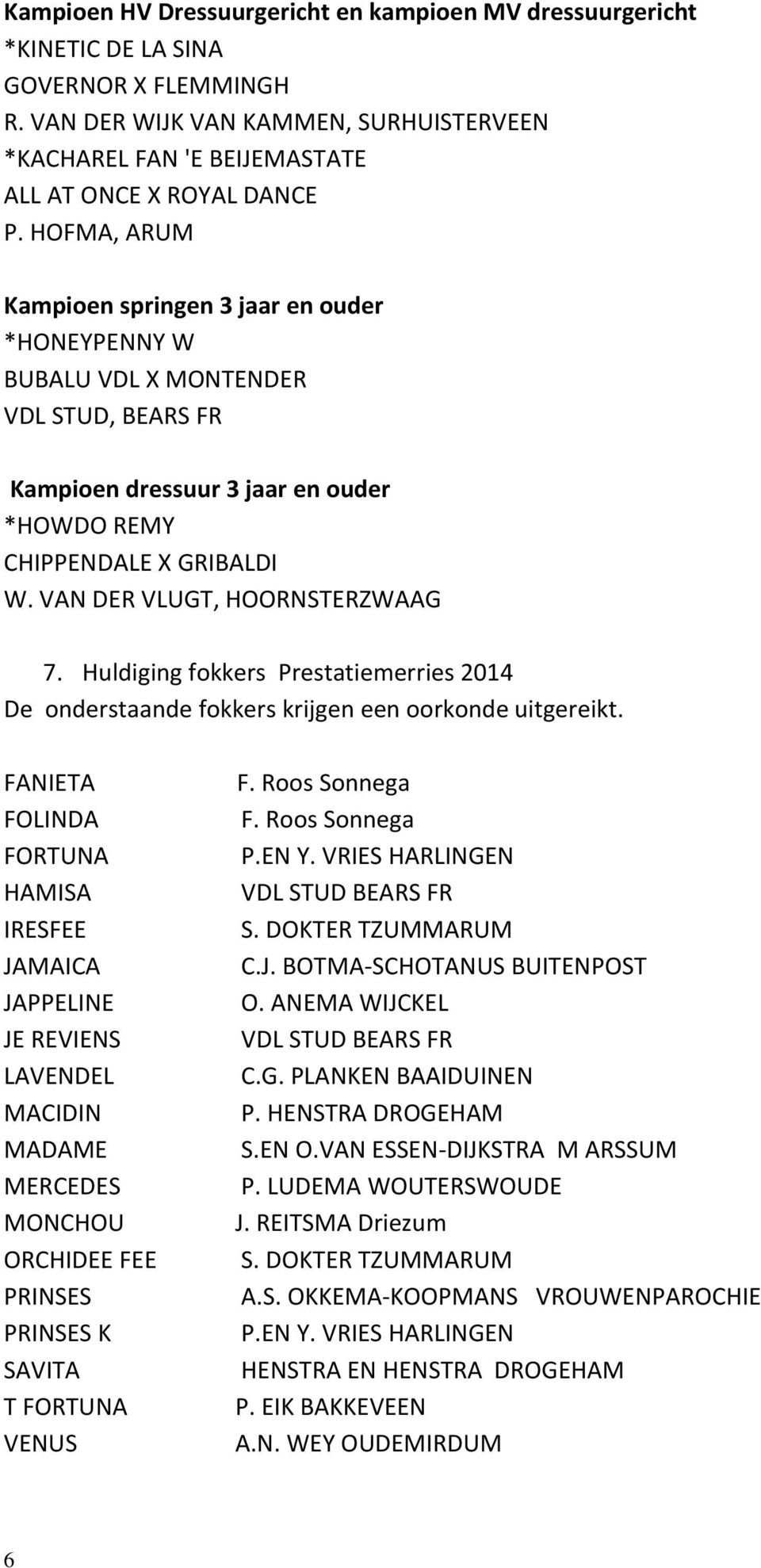 HOFMA, ARUM Kampioen springen 3 jaar en ouder *HONEYPENNY W BUBALU VDL X MONTENDER VDL STUD, BEARS FR Kampioen dressuur 3 jaar en ouder *HOWDO REMY CHIPPENDALE X GRIBALDI W.