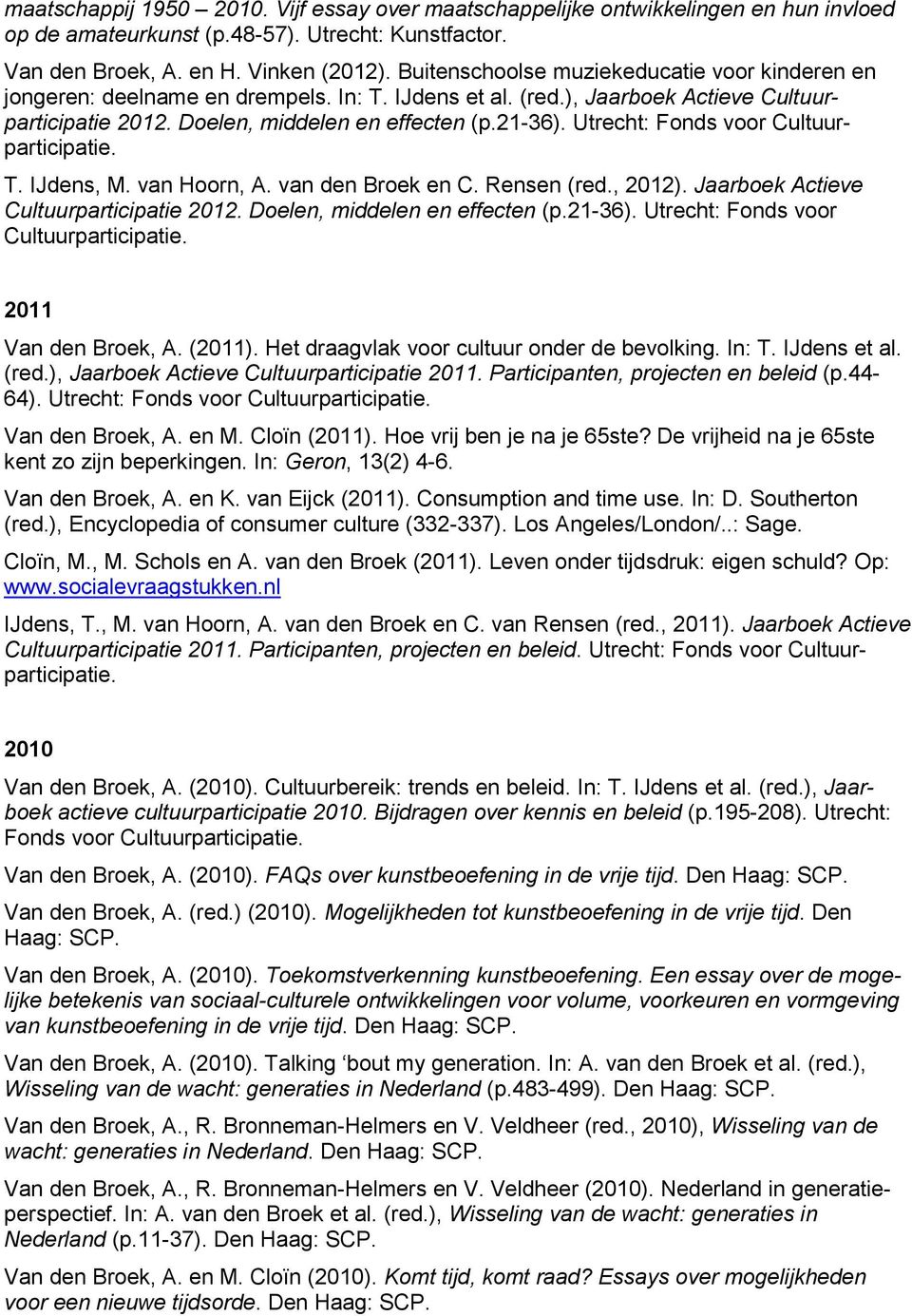 Utrecht: Fonds voor Cultuurparticipatie. T. IJdens, M. van Hoorn, A. van den Broek en C. Rensen (red., 2012). Jaarboek Actieve Cultuurparticipatie 2012. Doelen, middelen en effecten (p.21-36).