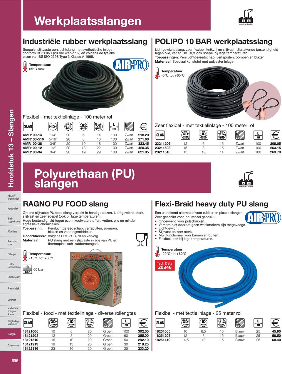 Toepassingen: Persluchtgereedschap, verfspuiten, pompen en blazen. Materiaal: Speciaal kunststof met polyester inlage.