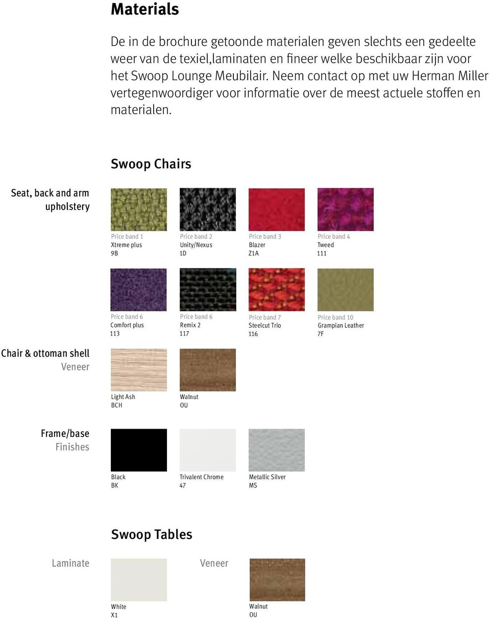Swoop Chairs Seat, back and arm upholstery Price band 1 Xtreme plus 9B Price band 2 Unity/Nexus 1D Price band 3 Blazer Z1A Price band 4 Tweed 111 Price band 6 Comfort plus 113