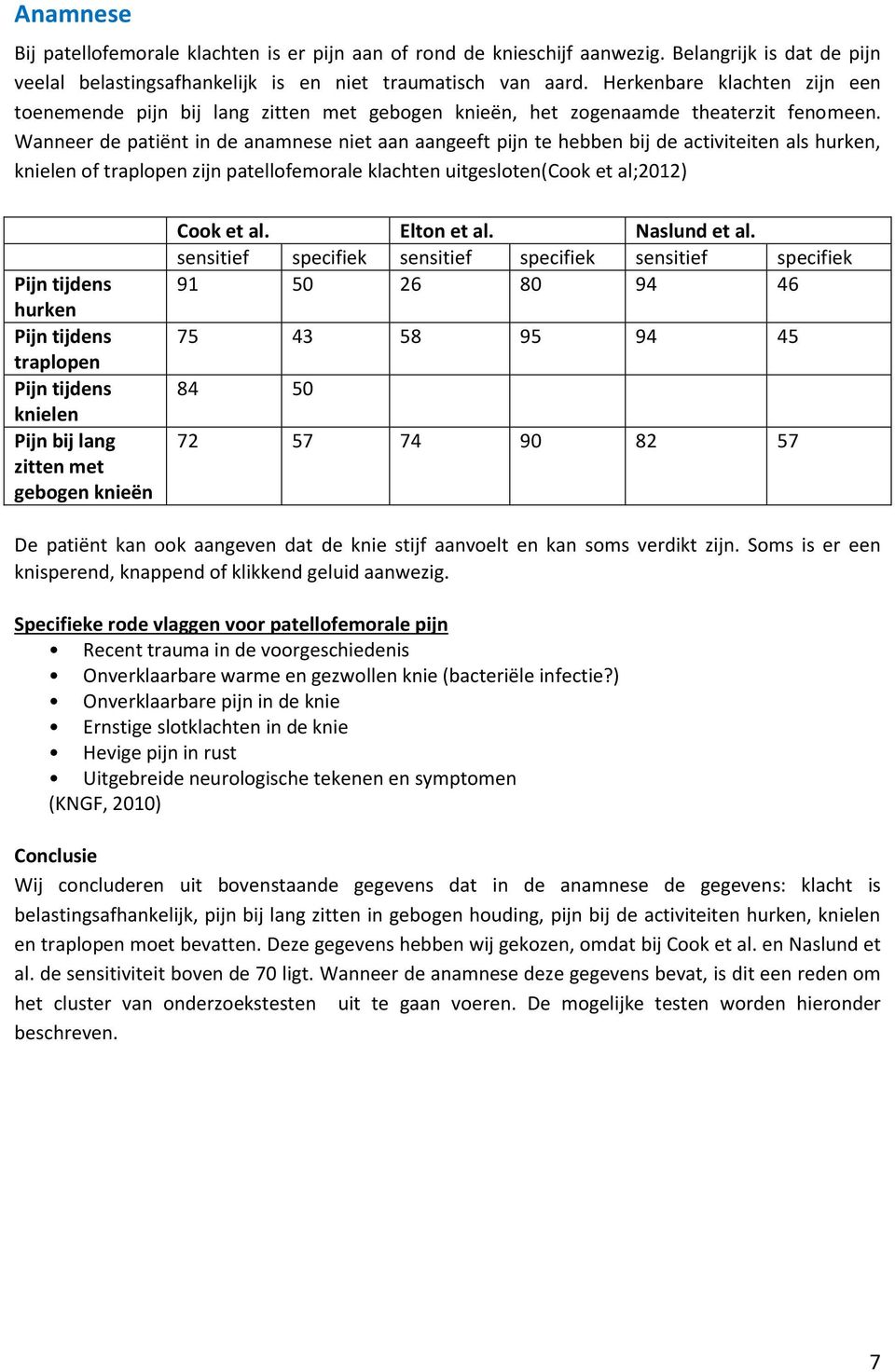 Wanneer de patiënt in de anamnese niet aan aangeeft pijn te hebben bij de activiteiten als hurken, knielen of traplopen zijn patellofemorale klachten uitgesloten(cook et al;2012) Pijn tijdens hurken