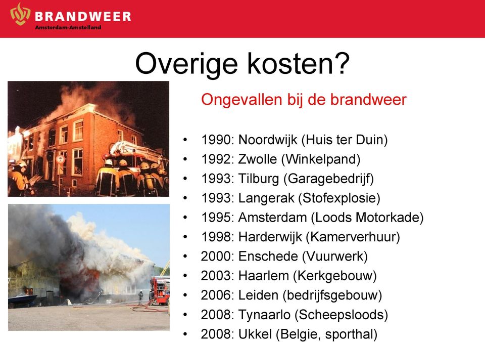 Tilburg (Garagebedrijf) 1993: Langerak (Stofexplosie) 1995: Amsterdam (Loods Motorkade)