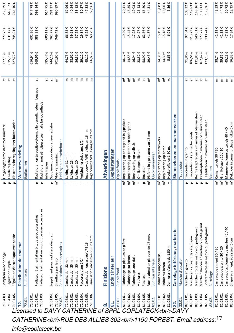 Régulation électronique avec sonde p Elektronische regeling met buitenvoeler st 727,72 745,91 764,10 72. Distribution de chaleur Warmteverdeling 72.01. Radiateurs Radiatoren 72.01.01. 616,94 632,36 647,78 72.