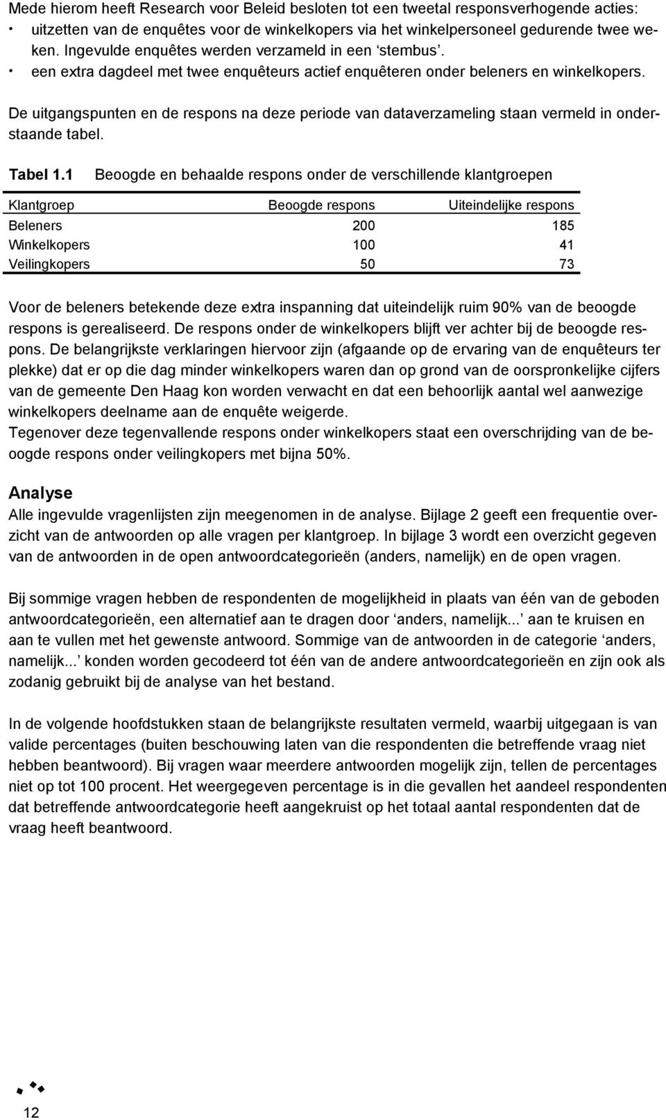 De uitgangspunten en de respons na deze periode van dataverzameling staan vermeld in onderstaande tabel. Tabel 1.