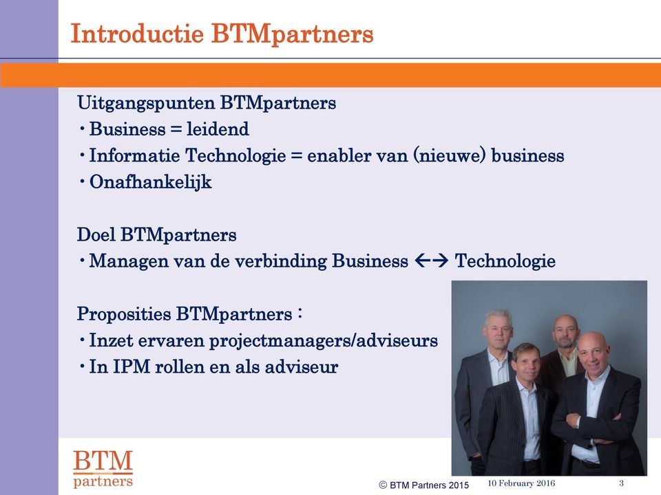 BTMpartners Managen van de verbinding Business Technologie Proposities