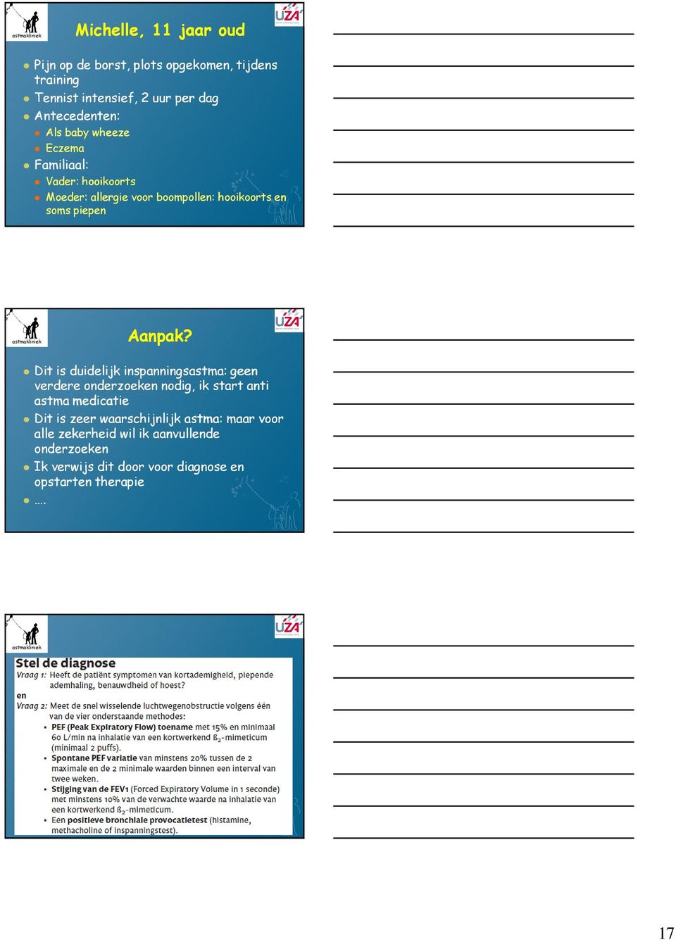 Dit is duidelijk inspanningsastma: geen verdere onderzoeken nodig, ik start anti astma medicatie Dit is zeer