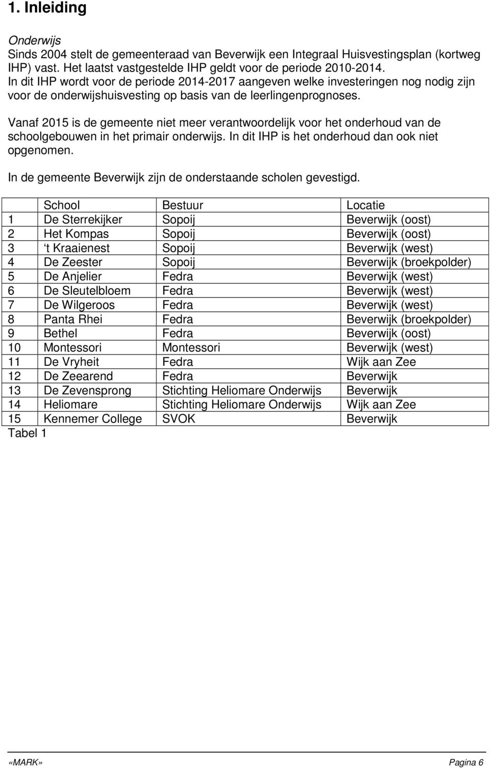 Vanaf 2015 is de gemeente niet meer verantwoordelijk voor het onderhoud van de schoolgebouwen in het primair onderwijs. In dit IHP is het onderhoud dan ook niet opgenomen.