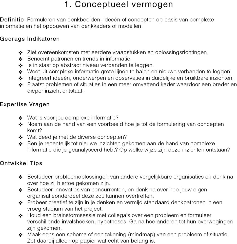 ! Weet uit complexe informatie grote lijnen te halen en nieuwe verbanden te leggen.! Integreert ideeën, onderwerpen en observaties in duidelijke en bruikbare inzichten.