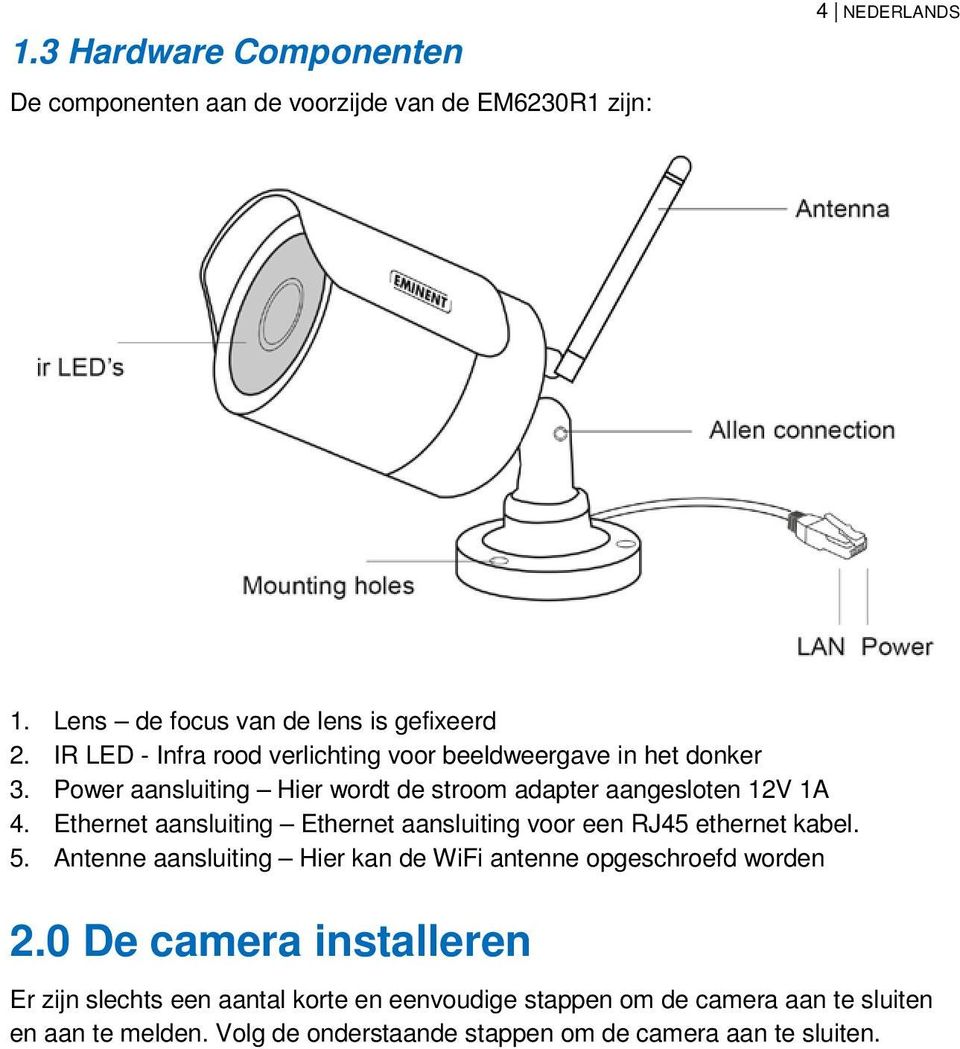 Ethernet aansluiting Ethernet aansluiting voor een RJ45 ethernet kabel. 5. Antenne aansluiting Hier kan de WiFi antenne opgeschroefd worden 2.