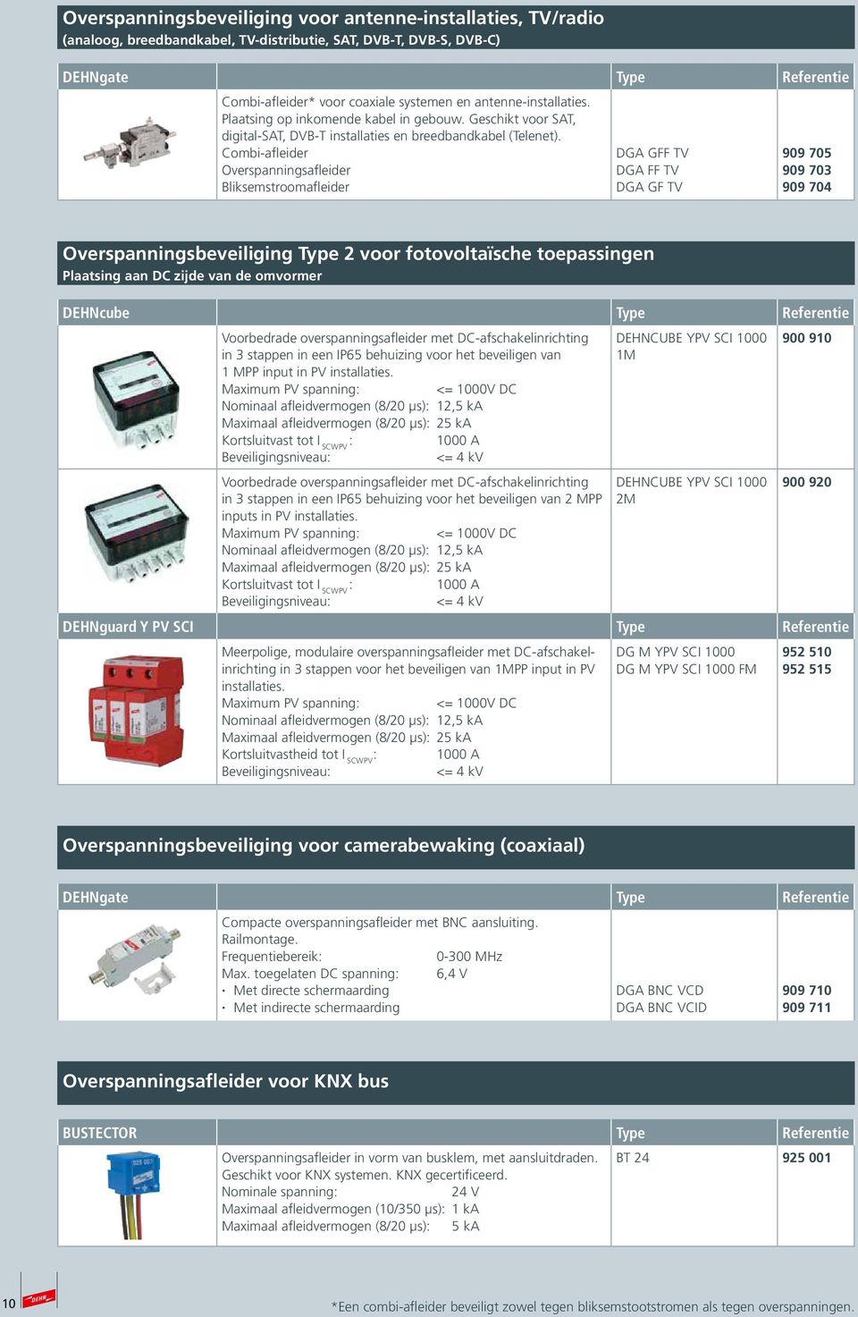 Combi-afleider Overspanningsafleider Bliksemstroomafleider DGA GFF TV DGA FF TV DGA GF TV 909 705 909 703 909 704 Overspanningsbeveiliging Type 2 voor fotovoltaïsche toepassingen Plaatsing aan DC