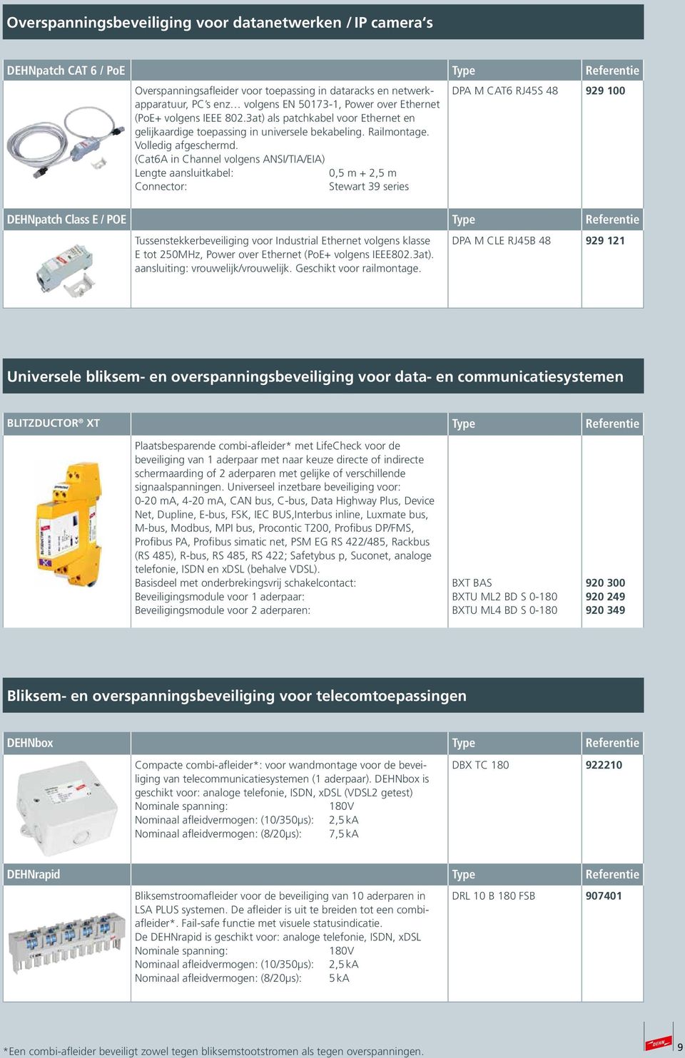 (Cat6A in Channel volgens ANSI/TIA/EIA) DPA M CAT6 RJ45S 48 929 100 Lengte aansluitkabel: 0,5 m + 2,5 m Connector: Stewart 39 series DEHNpatch Class E / POE Type Referentie Tussenstekkerbeveiliging