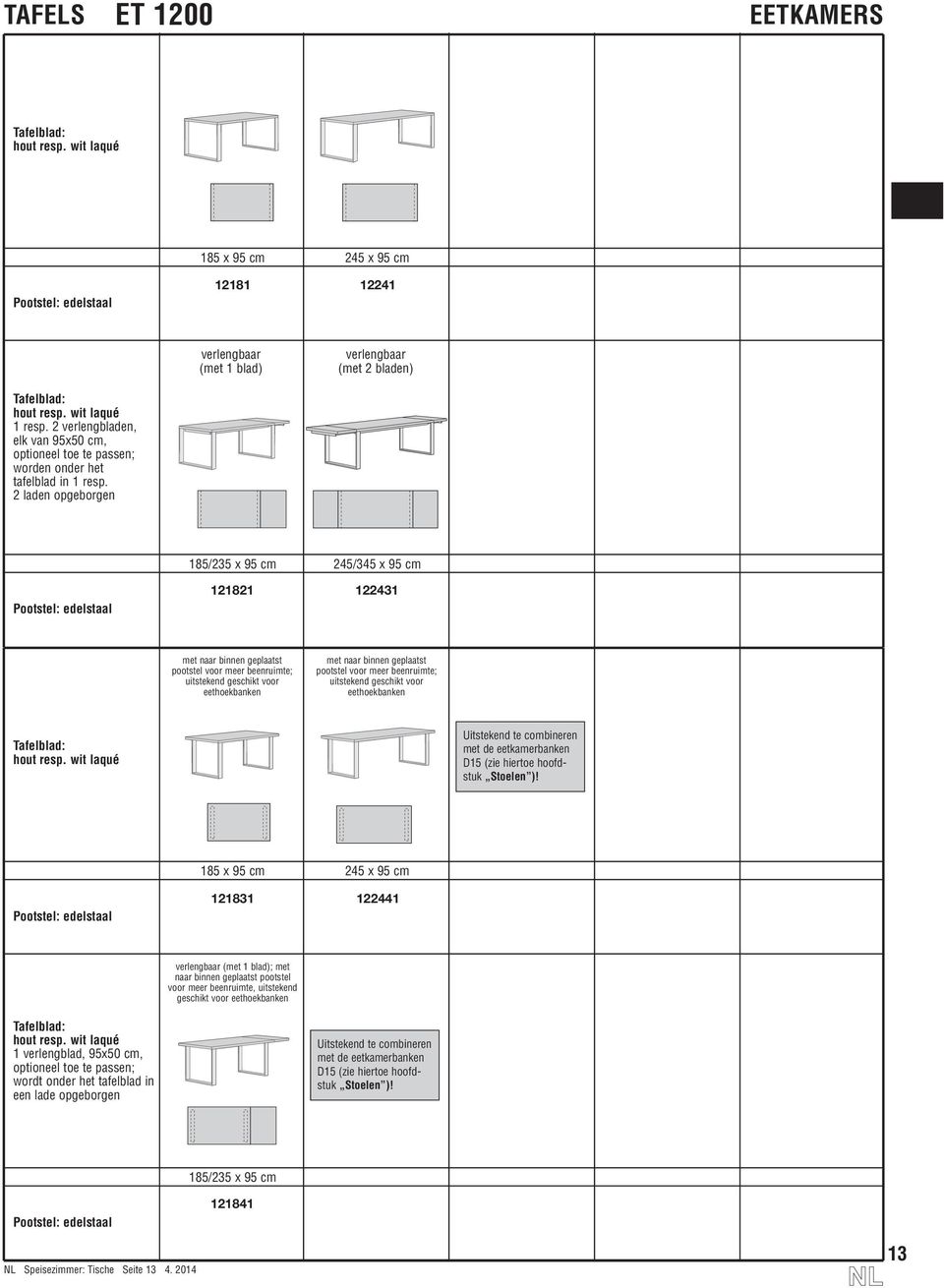2 laden opgeborgen 185/235 x 95 cm 245/345 x 95 cm edelstaal 121821 122431 met naar binnen geplaatst pootstel voor meer beenruimte; uitstekend geschikt voor eethoekbanken met naar binnen geplaatst