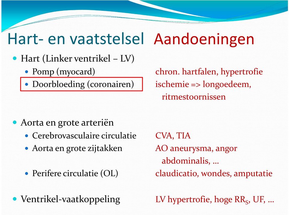 hartfalen, hypertrofie ischemie => longoedeem, ritmestoornissen Aorta en grote arteriën