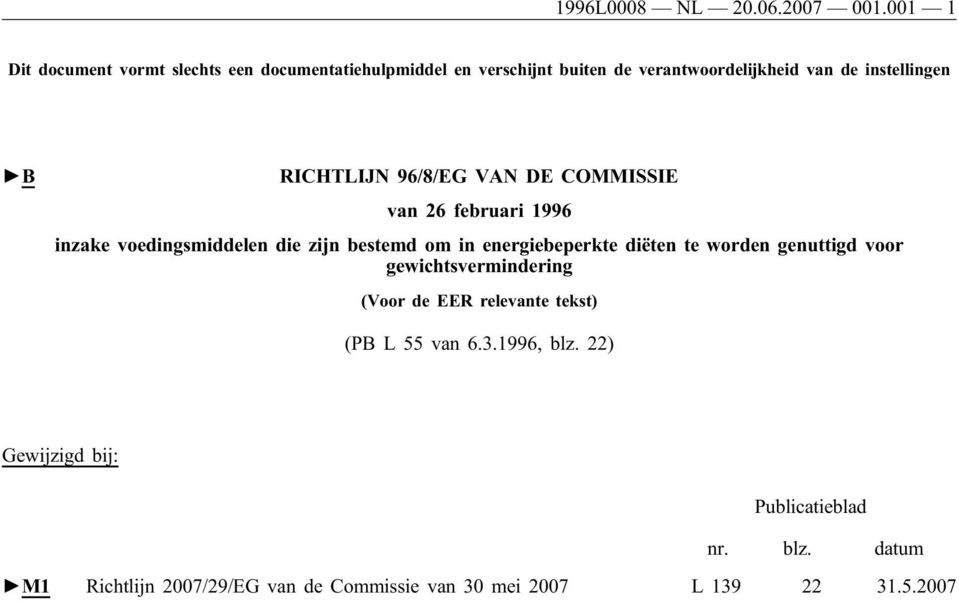 RICHTLIJN 96/8/EG VAN DE COMMISSIE van 26 februari 1996 inzake voedingsmiddelen die zijn bestemd om in energiebeperkte diëten