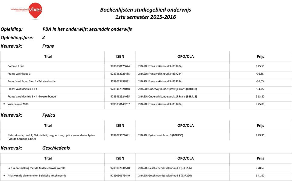 Tekstenbundel 9789462924055 2 BASO: Onderwijskunde: praktijk Frans (B3R418) 13,80 Vocabulaire 2000 9789030140207 2 BASO: Frans: vakinhoud 3 (B3R284) 25,00 Fysica Natuurkunde, deel 2, Elektriciteit,