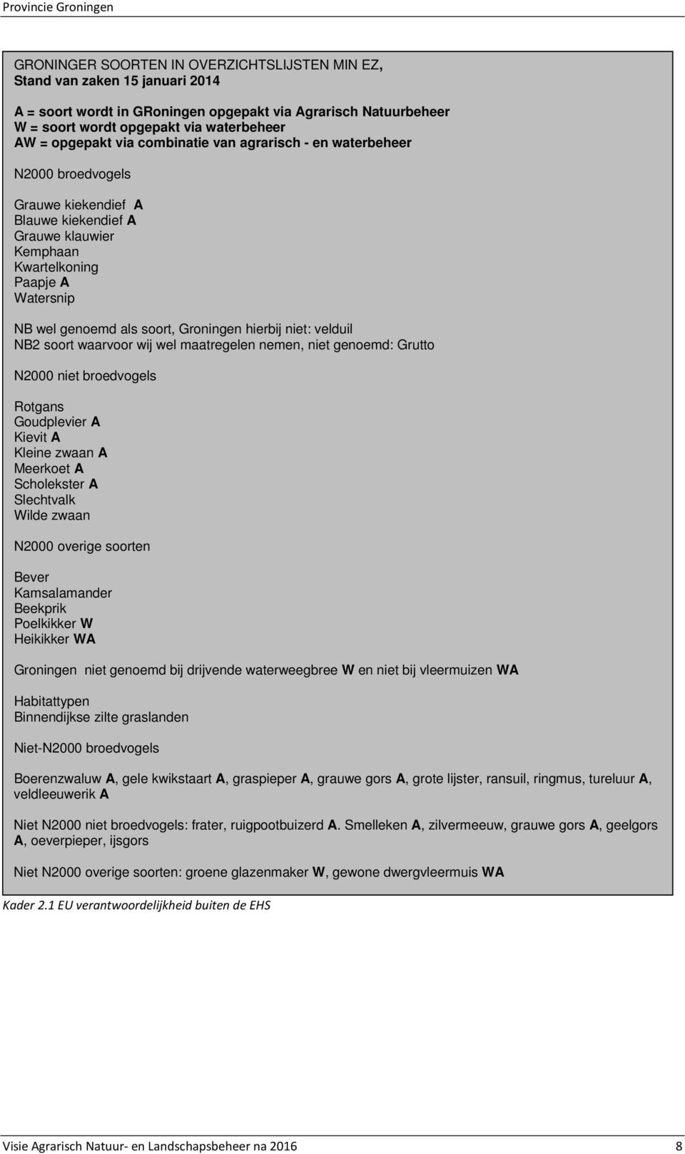 hierbij niet: velduil NB2 soort waarvoor wij wel maatregelen nemen, niet genoemd: Grutto N2000 niet broedvogels Rotgans Goudplevier A Kievit A Kleine zwaan A Meerkoet A Scholekster A Slechtvalk Wilde