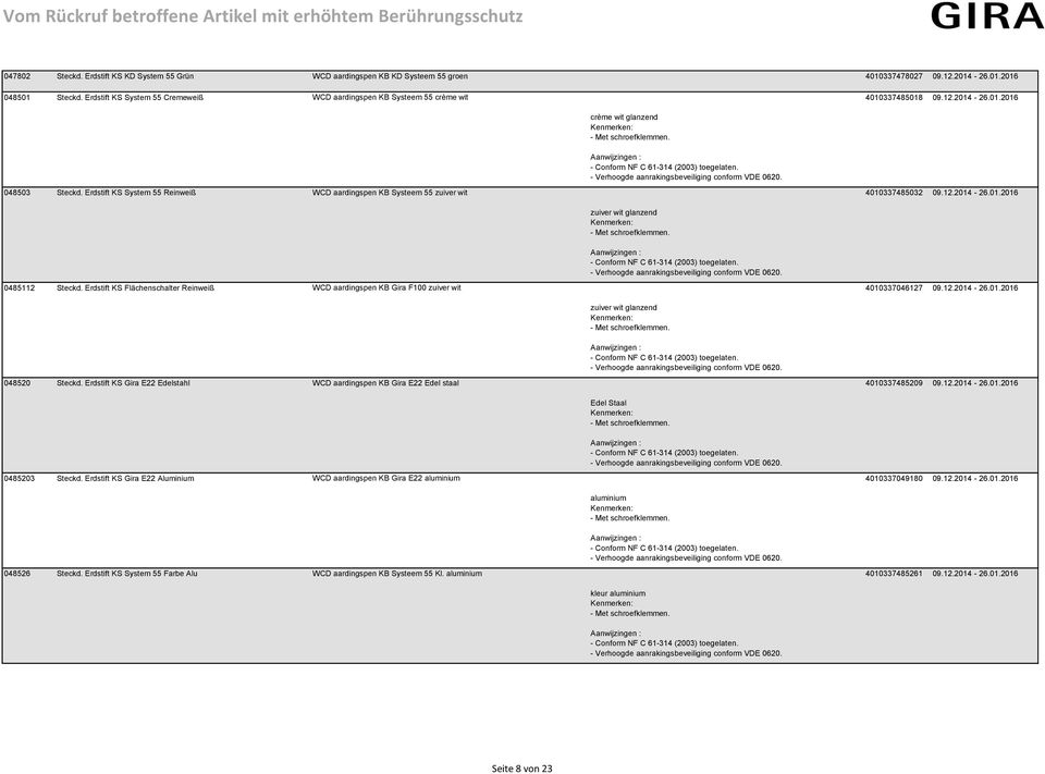 Erdstift KS System 55 Reinweiß WCD aardingspen KB Systeem 55 zuiver wit 4010337485032 09.12.2014-26.01.2016 0485112 Steckd.