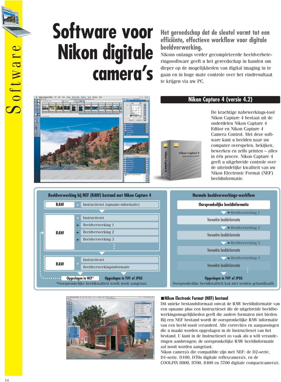 eindresultaat te krijgen via uw PC. Nikon Capture 4 (versie 4.2) De krachtige nabewerkings-tool Nikon Capture 4 bestaat uit de onderdelen Nikon Capture 4 Editor en Nikon Capture 4 Camera Control.