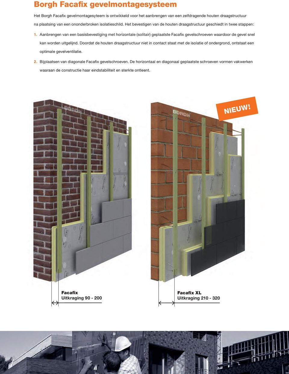 Aanbrengen van een basisbevestiging met horizontale (solitair) geplaatste Facafix gevelschroeven waardoor de gevel snel kan worden uitgelijnd.