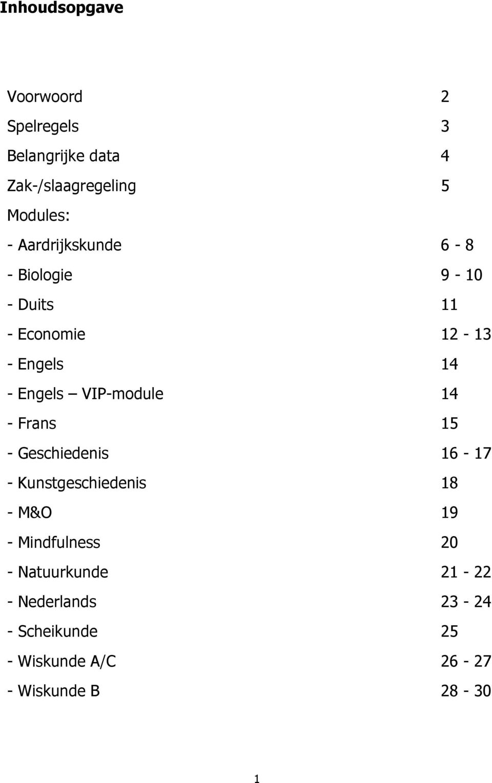 VIP-module 14 - Frans 15 - Geschiedenis 16-17 - Kunstgeschiedenis 18 - M&O 19 -