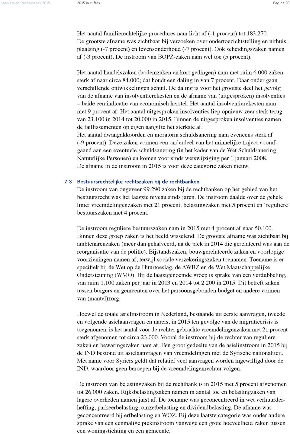 De instroom van BOPZ -zaken nam wel toe (5 procent). Het aantal handelszaken (bodemzaken en kort gedingen) nam met ruim 6.000 zaken sterk af naar circa 84.000; dat houdt een daling in van 7 procent.