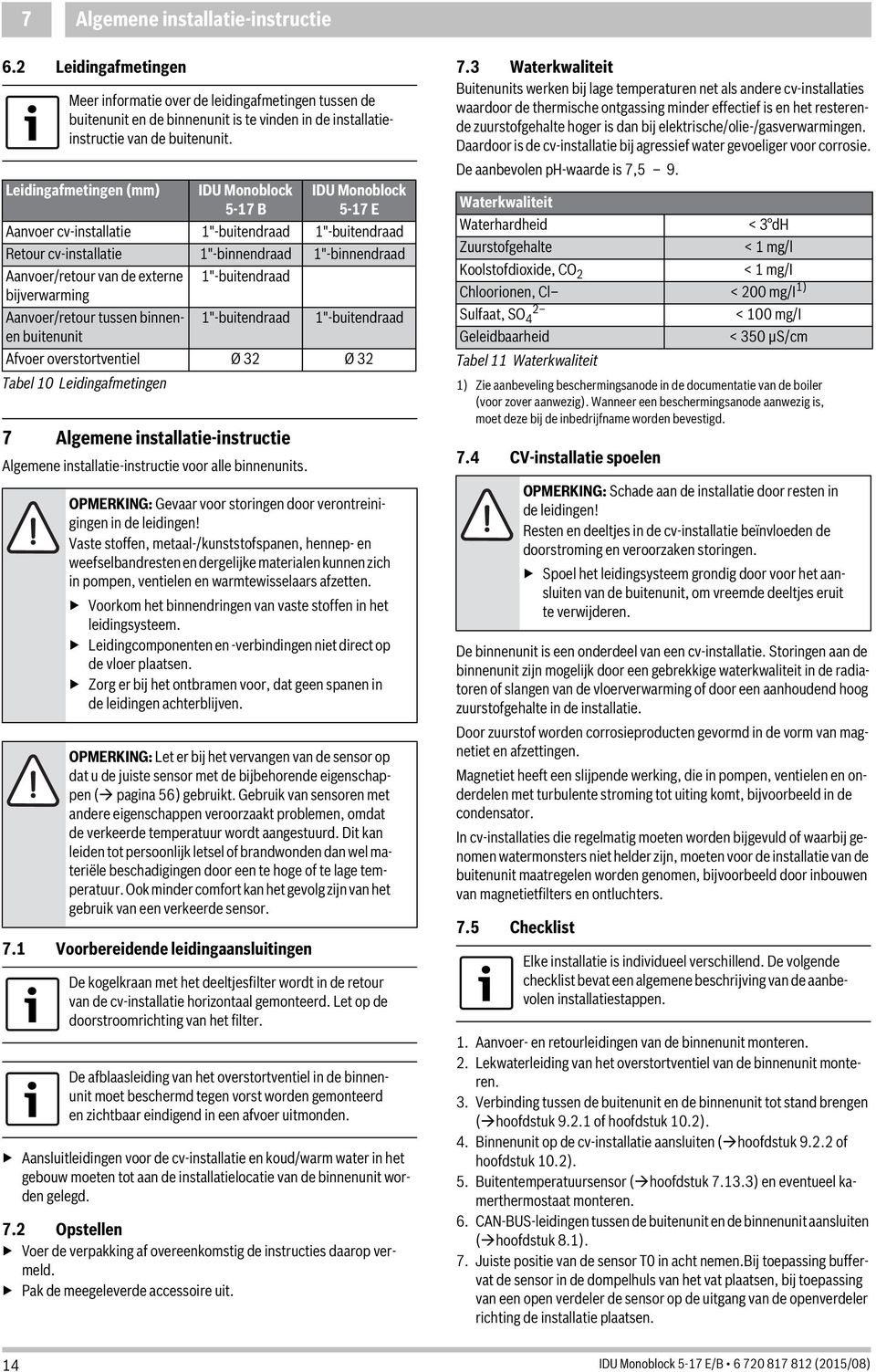 Voorbereidende leidingaansluitingen Meer informatie over de leidingafmetingen tussen de buitenunit en de binnenunit is te vinden in de installatieinstructie van de buitenunit.