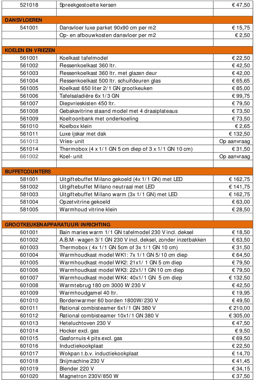 schuifdeuren glas 65,65 561005 Koelkast 650 liter 2/1 GN grootkeuken 85,00 561006 Tafelsaladiëre 6x 1/3 GN 99,75 561007 Diepvrieskisten 450 ltr.