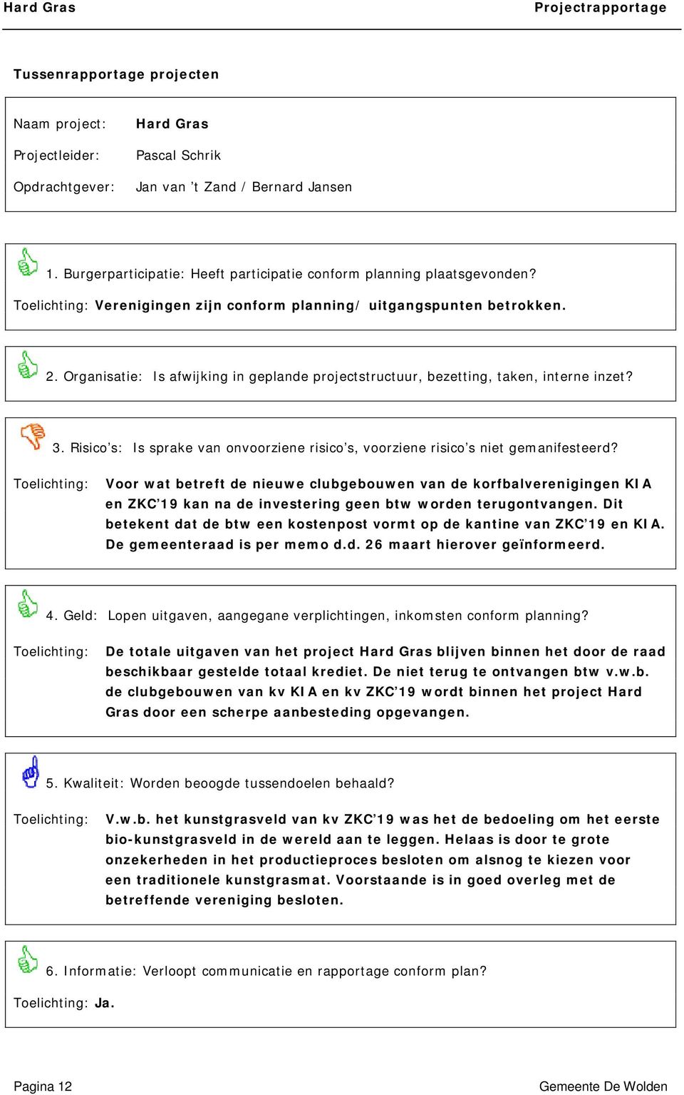 Organisatie: Is afwijking in geplande projectstructuur, bezetting, taken, interne inzet? 3. Risico s: Is sprake van onvoorziene risico s, voorziene risico s niet gemanifesteerd?