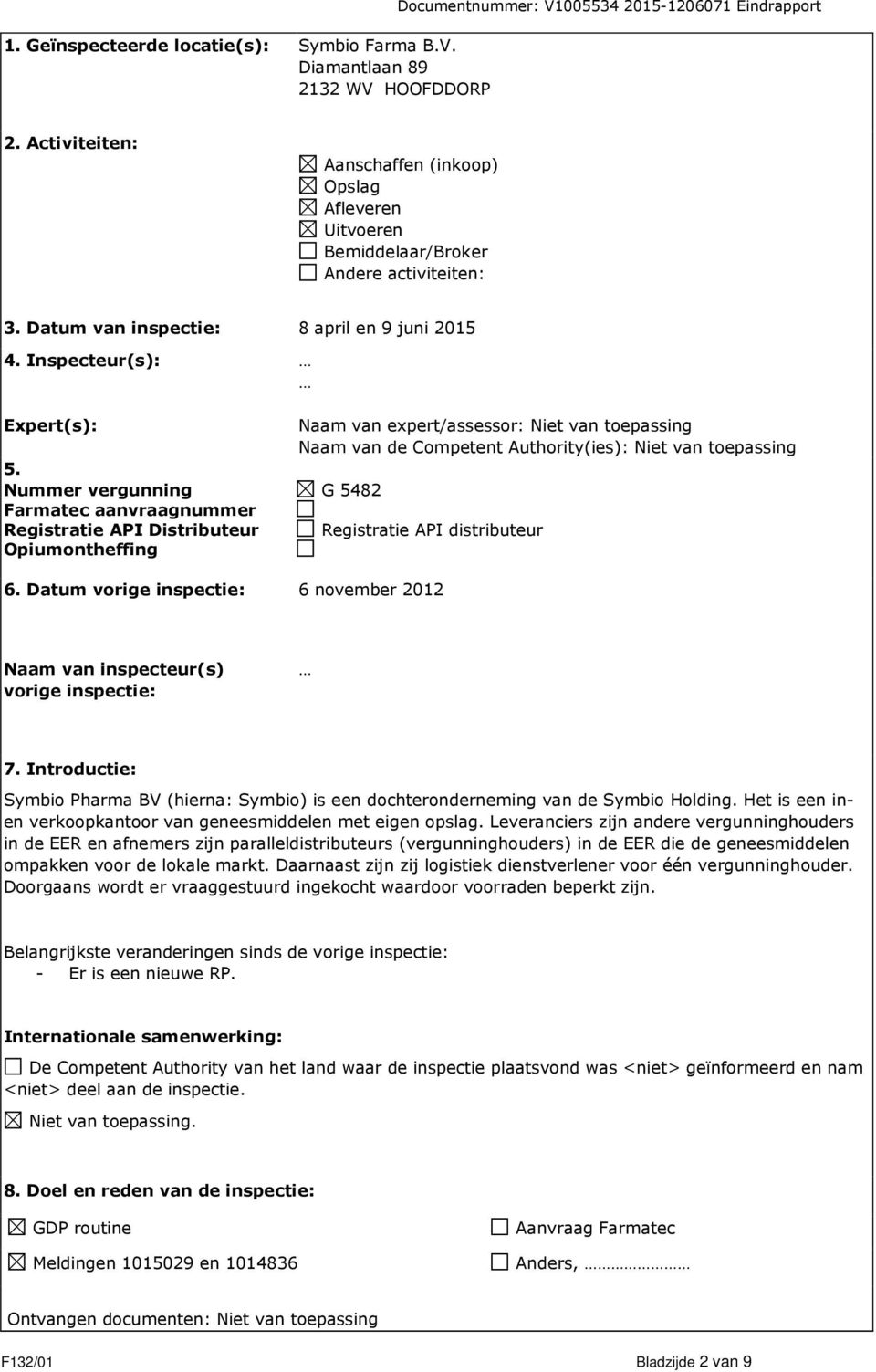 Nummer vergunning Farmatec aanvraagnummer Registratie API Distributeur Opiumontheffing Naam van expert/assessor: Niet van toepassing Naam van de Competent Authority(ies): Niet van toepassing G 5482