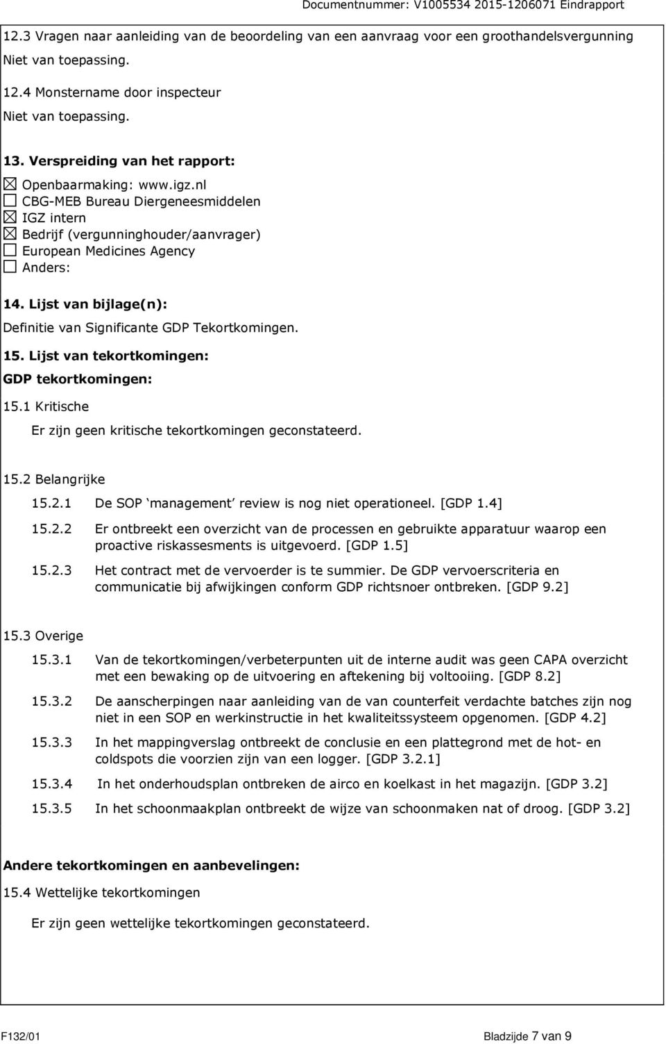 Lijst van tekortkomingen: GDP tekortkomingen: 15.1 Kritische Er zijn geen kritische tekortkomingen geconstateerd. 15.2 Belangrijke 15.2.1 De SOP management review is nog niet operationeel. [GDP 1.