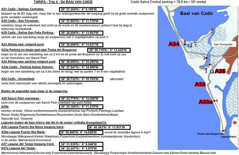 776'W wandelen langs de waterkant met zicht op de kreek en de zoutmoerassen; gebeurt best bij laag tij telescoop noodzakelijk A35 Cadiz - Salina San Felix Parking : 36 26.688'N / 6 13.