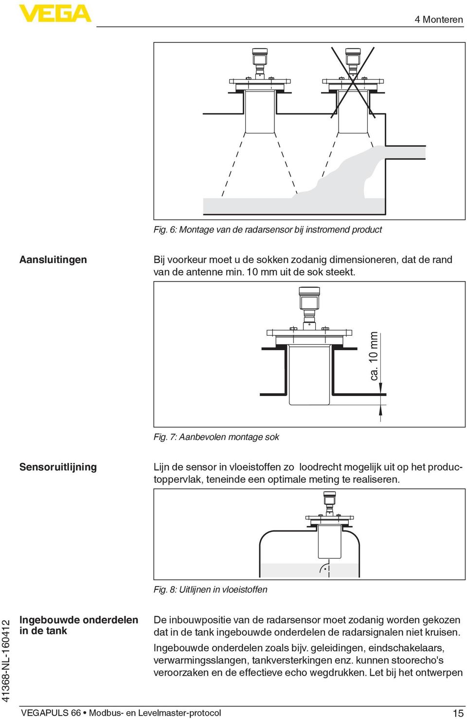 7: Aanbevolen montage sok Sensoruitlijning Lijn de sensor in vloeistoffen zo loodrecht mogelijk uit op het productoppervlak, teneinde een optimale meting te realiseren. Fig.